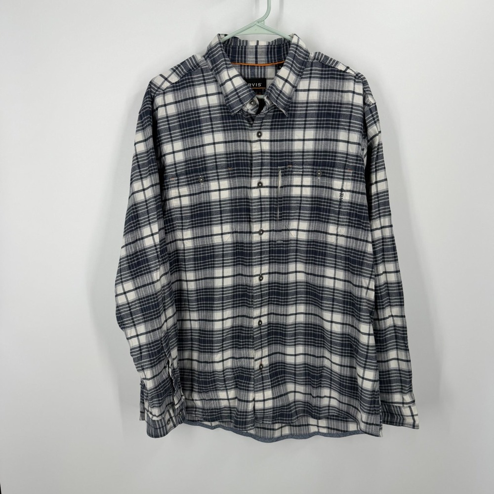 Orvis Button Down Shirt Mens Large Blue Plaid Active Fit Stretch Flannel
